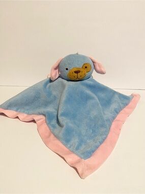 Blue Puppy Dog Lovey w Pink Trim Brown Patch Security Blanket Baby Cuddle Toy